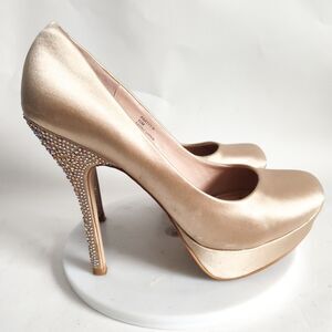 Jessica Simpson Platform Heels Size 10 Champagne Shiny Rhinestones Formal Pumps